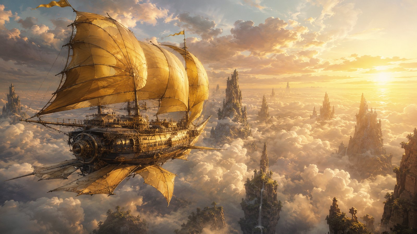 Auric Skies key art — a golden-sailed airship gliding over a sea of sunlit clouds and island spires