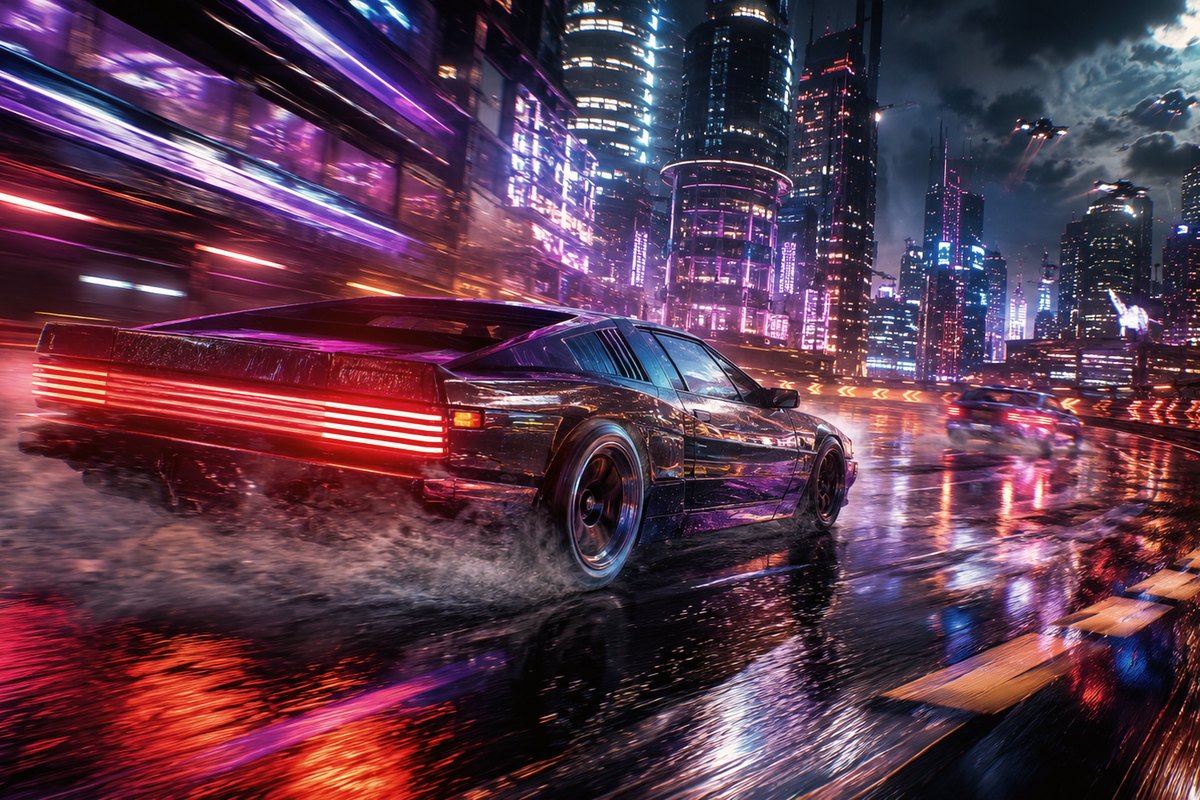 Halcyon Drift key art — a sports car drifting through a rain-slick neon city street at night