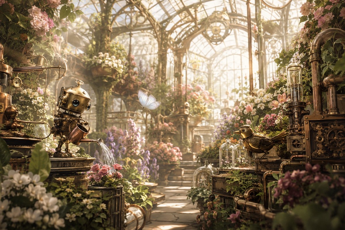 Petal and Piston key art — a little brass clockwork gardener watering flowers inside a sunlit victorian glasshouse