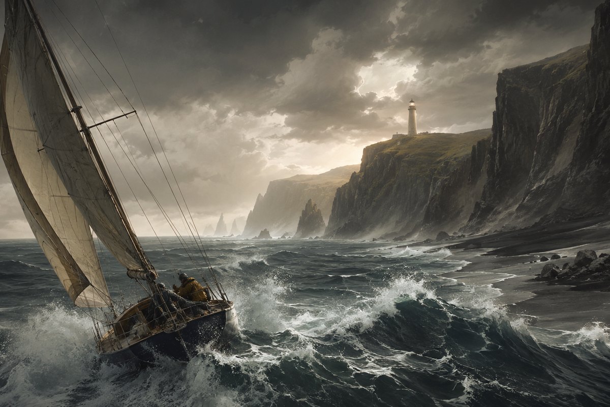 Windward Isles key art — a small sailboat heeling through storm swell beneath black cliffs and a distant lighthouse